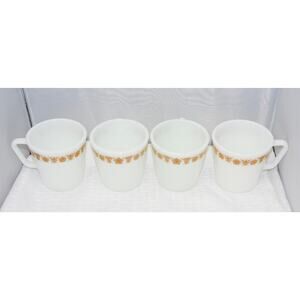 PYREX BUTTERFLY GOLD MILK GLASS CUPS #1410 Flat Coffee Mugs X-4